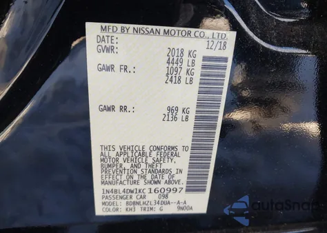 2019 Nissan Altima 2.5 Sv z USA, uszkodzony, nr VIN 1N4BL4DW1KC160997